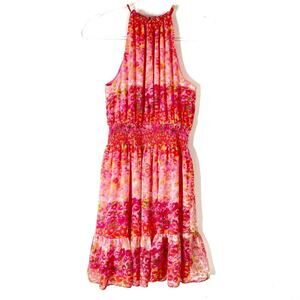 Zara Basic | Pink Floral Pleated Ruffle Halter Neck Mini Dress M